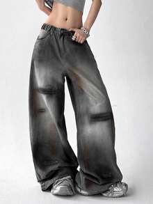 Jeansy vintage z prostymi nogawkami dla nastolatek, uniwersalne i swobodne. Szerokie nogawki. - Czarne - Zobacz 5