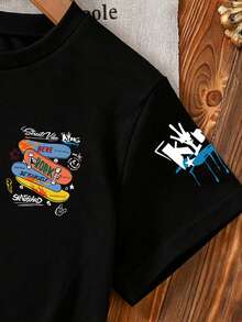 男童字母和滑板印花圆领短袖休闲T恤 - 黑色 - 查看 4