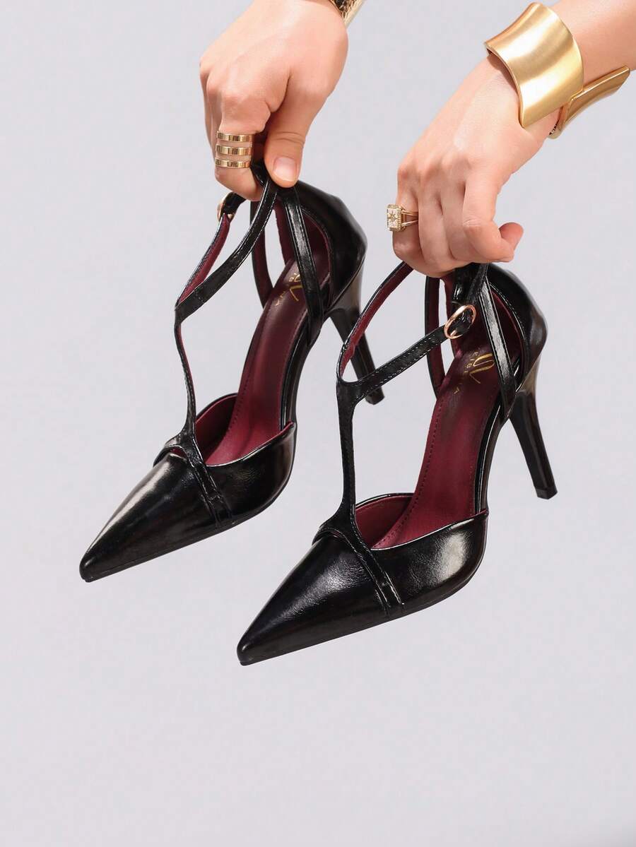 女士时尚黑色高跟鞋，性感尖头，优雅镂空细高跟，适合派对、宴会等场合，红底高跟鞋 - 黑色 - 查看 1