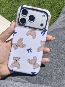 可爱小熊蝴蝶主题图案手机壳，兼容 17 Pro Max、16 Pro Max、15 Pro、13、11、12、XS、8 Plus和7，亮面二合一设计，条纹手机壳，便携保护套，适合户外使用，兼容安卓及大多数智能手机，送给母亲、家人、朋友、孩子、生日、节日礼物，带防水袋