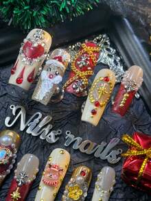 10pcs Handmade Nail AcrylicPress On Nails Long Square ChristmasNails, Red Cat's Eye&Gold Snowflake Style (Christmas) Element Theme, Handmade Santa Claus&Deer&Heart 3 D With Rhinestone Pearls&Bow And Other Nail Accessories, Acrylic Nail Supplies Are Suitable For Christmas&New Year Festivals, Daily, Gatherings,Parties, And Are Great Gifts For WomenAnd Girls,Equipped With 1 Jelly Pad And 1 Nail File - Burgundy - View 4