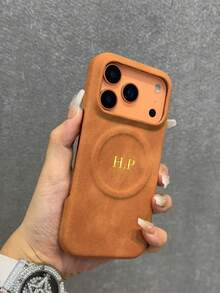 个性化姓名首字母刻字手机壳,兼容 17/16/15/14/13 Pro Max,复古皮革磁吸设计,防震防刮,支持无线充电,生日和圣诞节的完美礼物 - 橘色 - 查看 2