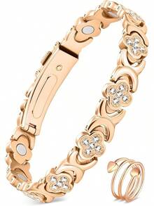 Pulseras y anillos de cobre puro Feraco para mujeres, pulsera magnética ultrafuerte para mujeres con imanes de neodimio y zirconia cúbica brillante, ajustable, joyería de trébol infinito - Oro rosa - Ver 10