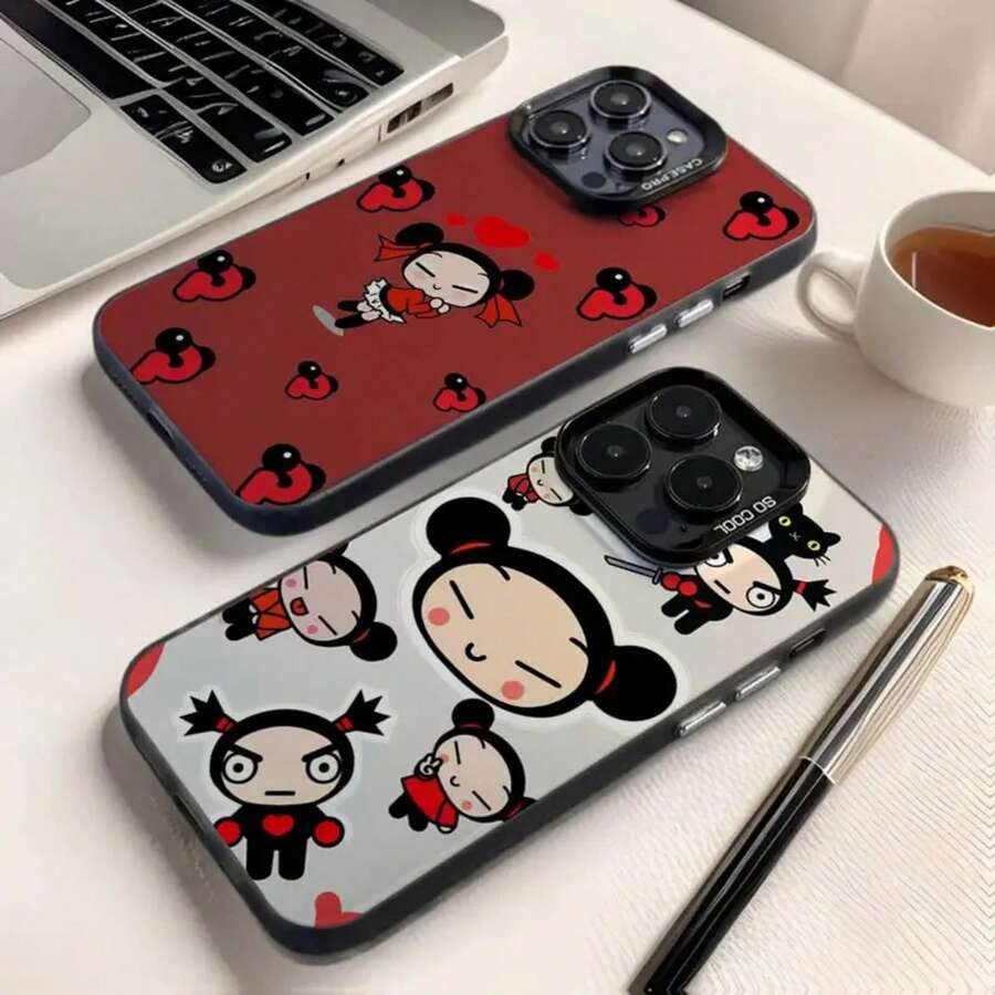 Funda de Teléfono Pucca Cute Love para 17, 16, 15, 14, 13, 12, 11, Pro, Max, Plus, Air Compatible, Resistente a Impactos, Negra Mate, Funda Dura - z2 - Ver 1