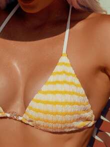 女士条纹挂脖比基尼套装，适合夏季海滩度假 - 黃白條 - 查看 7