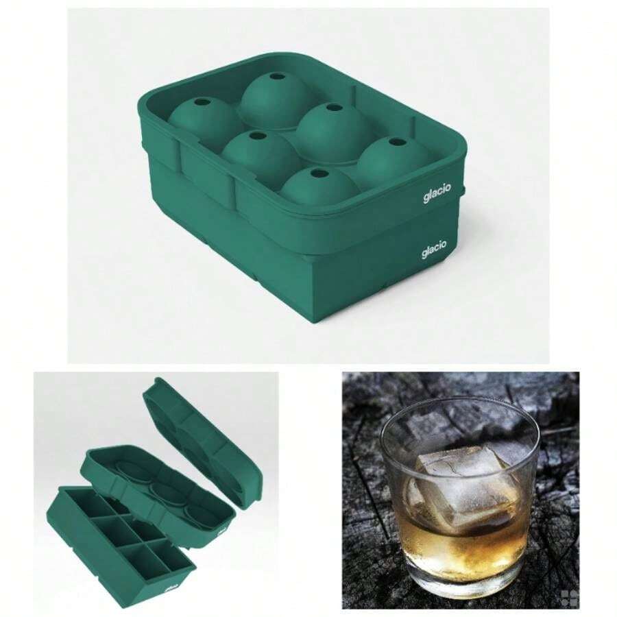 Combo Bandejas de silicona para cubitos de hielo - Bola de hielo esfrica y moldes cuadrados grandes para cubitos de hielo - Negro - verde - Ver 1