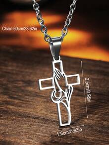 1件时尚不锈钢镂空祈祷十字架项链，男女通用情侣十字架吊坠 - 十字架 - 查看 4