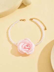 1pc Pearl & Floral Decor Necklace, Versatile Pink & White - Pink - View 5