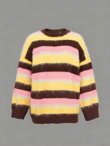 2025秋冬新款时尚小众圆领撞色条纹休闲长袖女式毛衣，羊毛材质 - 淺粉色 - 查看 7