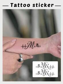 1张字母“M”蝴蝶线条临时纹身贴纸，适合时尚爱好者，可持续3-7天 - 黑色 - 查看 1