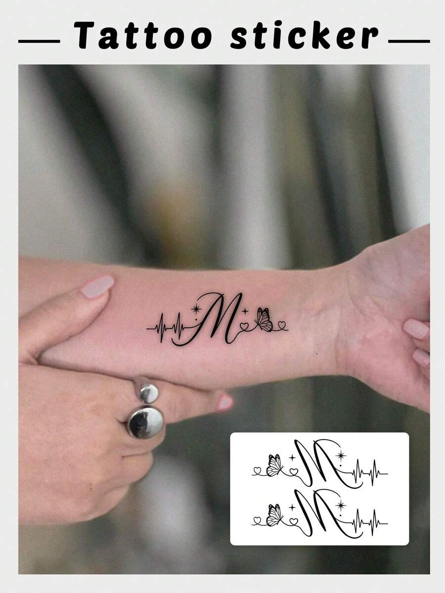 1张字母“M”蝴蝶线条临时纹身贴纸，适合时尚爱好者，可持续3-7天 - 黑色 - 查看 1