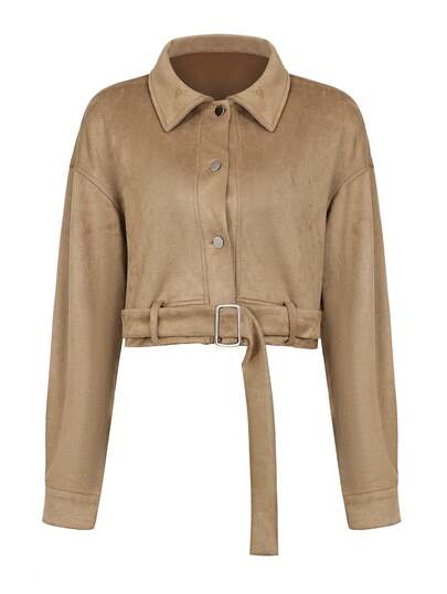 1pc Solid Color Faux Suede Lapel Belted Short Jacket, Casual Wear, Brunch, College Style, Spring/Autumn/Winter