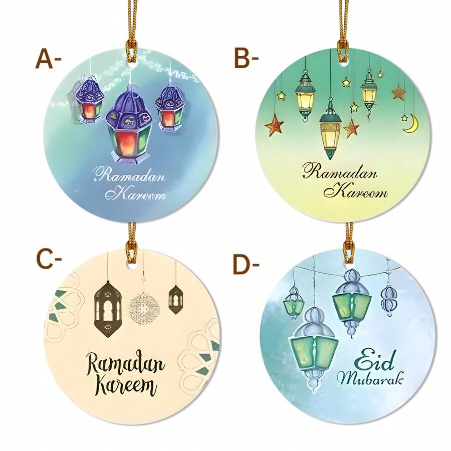 水彩渐变灯笼设计，阿拉伯文字圆形亚克力吊坠装饰，适用于庆祝活动、礼盒和派对用品，是馈赠亲朋好友的完美礼物，也可用于节日汽车装饰，营造节日氛围。 - 亞克力-單孔圓0.3 - 查看 1