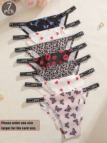 7 件装女士蝴蝶、豹纹、心形和字母印花透气无缝低腰性感内裤 - 彩色 - 查看 1