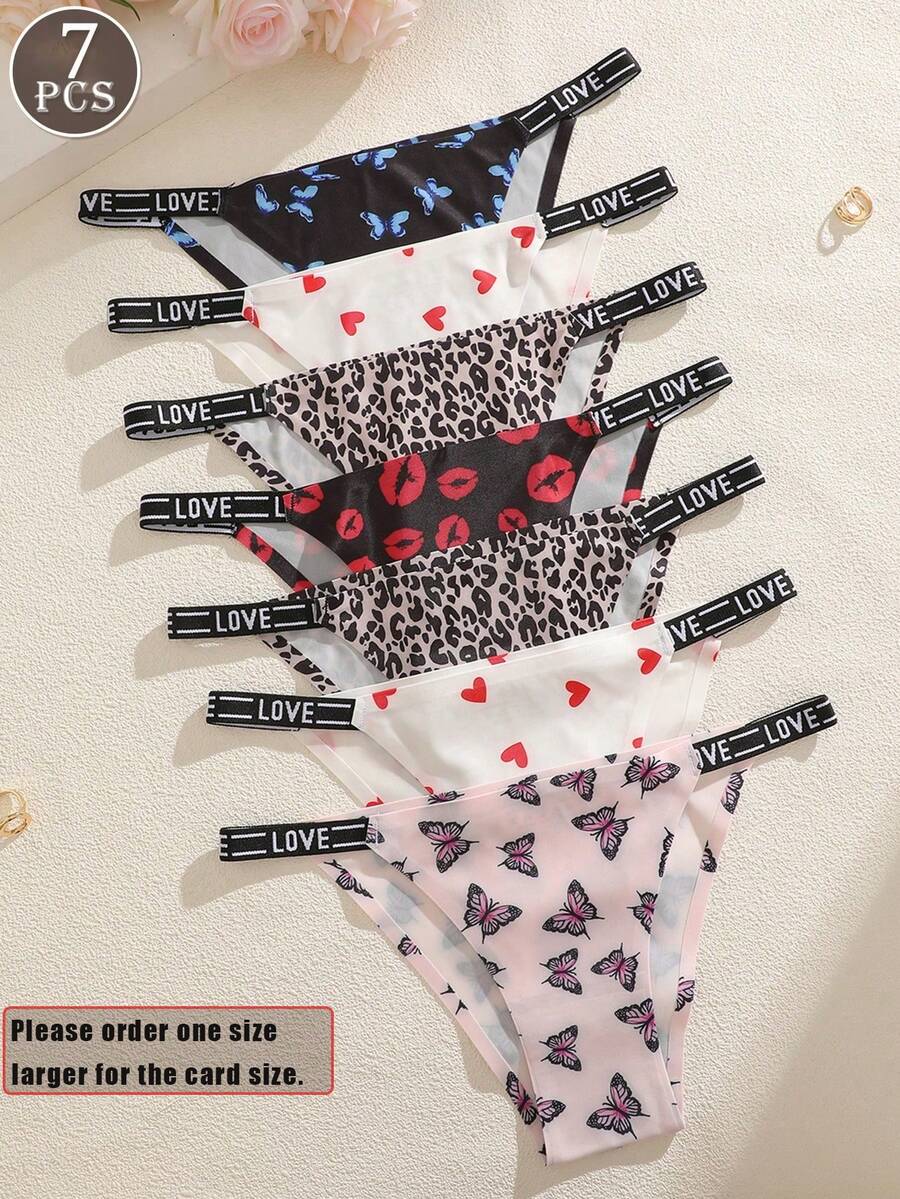 7 件装女士蝴蝶、豹纹、心形和字母印花透气无缝低腰性感内裤 - 彩色 - 查看 1