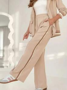 New Women's Elegant And Casual Two-Piece Suit Set, Featuring A Long-Sleeved Lapel Blazer And Side-Striped Wide-Leg Trousers. Machine Washable, Suitable For Office Wear. - 卡其色 - 查看 4
