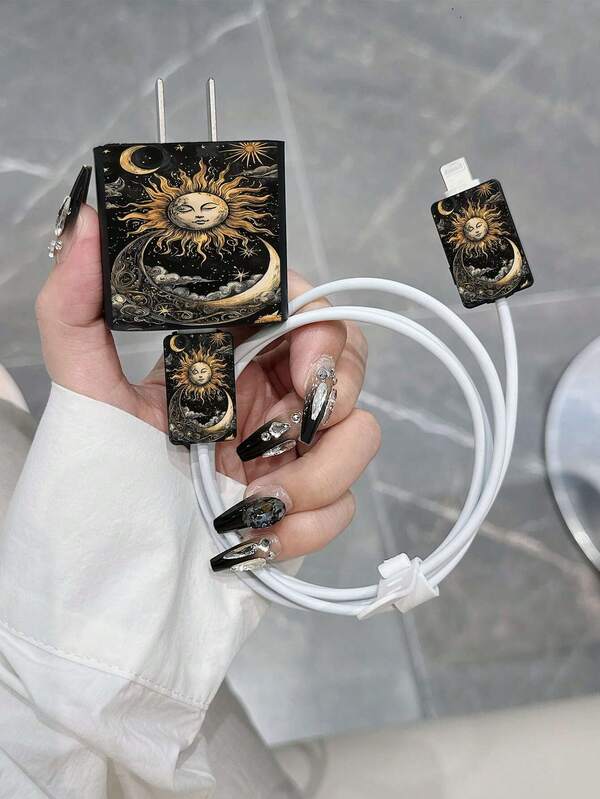1 Set Personalized Sun & Moon Pattern Charger Protector Case Compatible With 18W/20W Adapter Cover With Cable Protector For IPhone 13/14/15 - Charger Protective Case Set As Gift