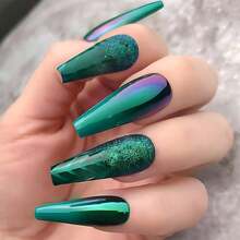 Xl Green Press On Nails St Patricks Long Coffin Nails Press Ons Spring Green Chromeses Designs False Nails Full Cover Acrylic Press Ons Gift For Womens 24pcs{Inchcolor_nameinch:InchGreen-002inch} - 綠色-002 - 查看 2
