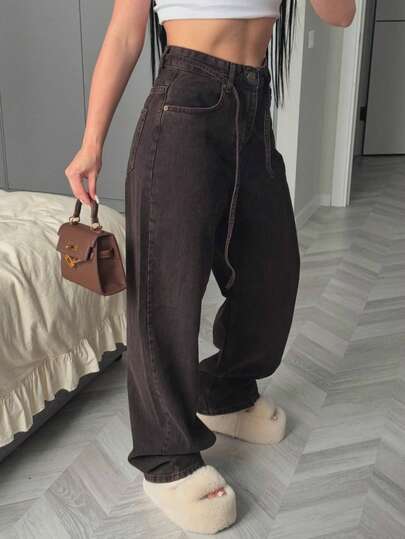SQUALO Damskie jeansy Vintage Washed Grey Spilt Straight Flared Vacation Y2K