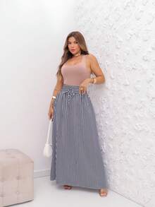 AMY FASHION LONG STRIPED SKIRT WITH SLIT AND THICK WAIST BAG FASHION 2025 - Black - View 7