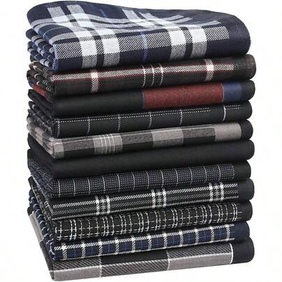 Mens Black Checkered Handkerchiefs 60S Cotton Classic Tartan Pattern Dark Colour Stripe Plaid Hankies Dad Grandad, 11 Pieces 11 Styles, 43x43cm17x17u2019u2019