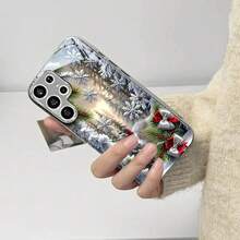 Funda de Teléfono de Vidrio Electrochapado de Navidad para iPhone 17air/16E/15/14/13/12/11 Pro, Promax, Plus, X/XS/XSmax, Compatible con Samsung Galaxy S20FE/S21FE/S22/S23FE/S24FE/S25edge Plus, Ultra, Buena Agarre, Protección de Borde Suave, Adecuada para Hombres y Mujeres - Plateado - Ver 3