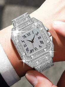 1 Stück Mode Luxus Volldiamant Herren Stahlgürtel Business Kalender Herren Quarzuhr, geeignet für Business, Partys und den täglichen Gebrauch, das perfekte Geschenk für Männer.