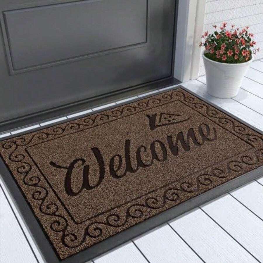 Yimobra - Tapete de bienvenida resistente fácil de limpiar interior y exterior impermeable de secado rápido antideslizante perfil bajo café 3.78" x 3.03" Rectangular Raya - C y f - Ver 1