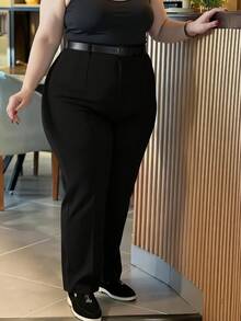 Solid Color Zipper Button Elastic Straight-Leg Pants, Versatile For Office And Everyday Wear - Black - View 5