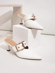 宽楦米色PU皮鞋面，大号金属搭扣装饰细高跟露跟女式正装鞋，适合日常穿着、宴会、派对等场合，猫跟鞋 - 米色 - 查看 14