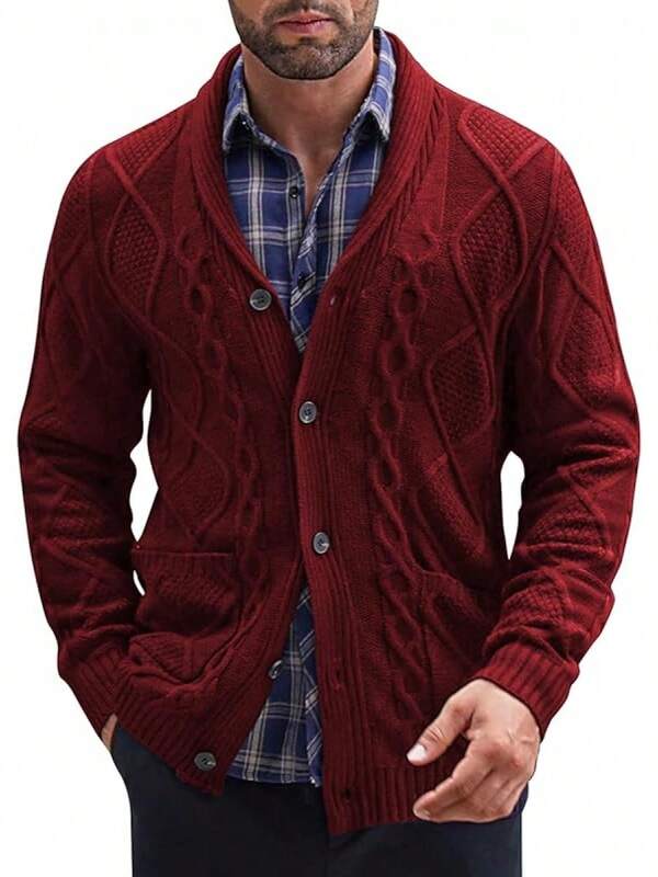 Suéter de cuello de chal tejido para hombres, ajuste slim, botones frontales con bolsillos