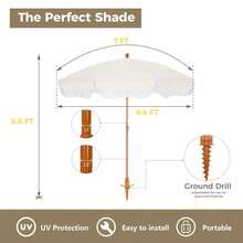 7ft Beach Umbrella Outdoor Patio Umbrella With Fringe & Sand Anchor, Outdoor Patio Heavy Duty Windproof Portable Tassel Umbrellas For Sand With Push Button Tilt & Carrying Bag, UPF 50+-Local Delivery - White1 - 查看 2