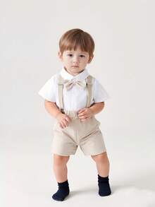 BrownBark 2pcs Baby Boys Gentleman Style Outfit Set, Bowknot Decor Casual Short Sleeve Shirt & Bib Shorts, Suitable For Birthday Party, Formal Occasion, Wedding, Christening, 1st Birthday Celebration, Daily Wear