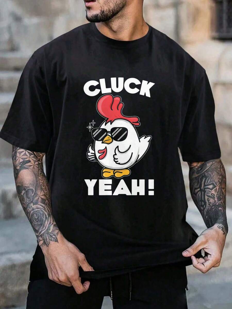 Cluck Yeah! Funny Chicken Graphic T-Shirt For Men - 100% Cotton, Regular Fit, Short Sleeve T-Shirt With Cartoon Rooster And Fashionable Glasses Design, Humorous "CLUCK YEAH!" Print For Casual Wear, Chicken Shirt, Leisure Wear, Funny Design, Breathable Fabric, Durable Stitching - 黑色 - 查看 1