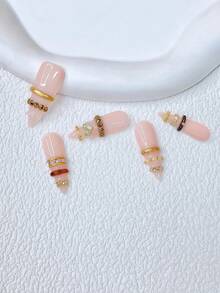 10pcs Y2K Nails Stiletto Press On Nails Set - Handcrafted, Pink Nails, Handmade 3D Gold Ring & Leopard Print Ring And Rhinestone Ring Design, Sparkling Gold Rhinestone & Gold Love Pattern Accents - Nhiều màu - Xem 3