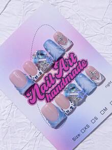 10片装Y2K鸭子美甲贴片套装 - 手工制作，粉色法式尖头，亮面黑色法式斑马纹，3D手工DIY花朵，红色花朵装饰和闪亮金色水钻点缀 - 完美适用于派对和休闲装扮，也适合日常佩戴和派对造型，是送给女性和女孩的绝佳礼物，包含工具包 - 藍色 - 查看 3