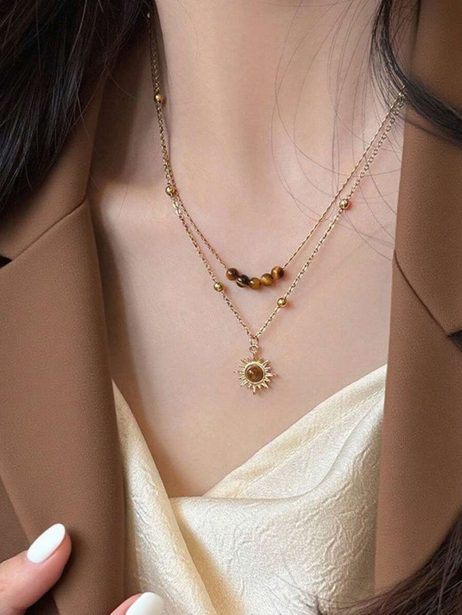 Vintage Gold Sunflower & Tiger Eye Necklace, Layered Necklace Design, Suitable For Sweater, Autumn/Winter Clavicle Chain Accessory - Multicolor - View 1