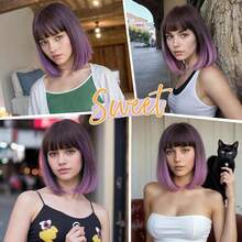 Lady Miranda Purple Bob Wig With Bangs Short Straight Ombre Wig Middle Part With Bangs Bob Hair Wigs Synthetic Grey To Purple Wigs For Women Daily Party Wig For Women{Inchcolor_nameinch:Inch1-GreyOmbrePurpleinch} - 1-灰紫色 - 查看 8