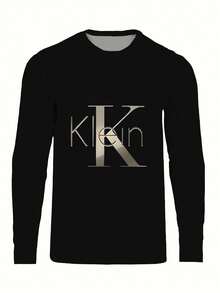 男士3D数码印花长袖T恤 - 圆领休闲上衣，采用时尚字体设计，轻盈透气的弹力面料，适合春秋季日常穿着，舒适度高 | 现代休闲风 | 适合作为送给父亲或男友的节日礼物 - 黑色 - 查看 3