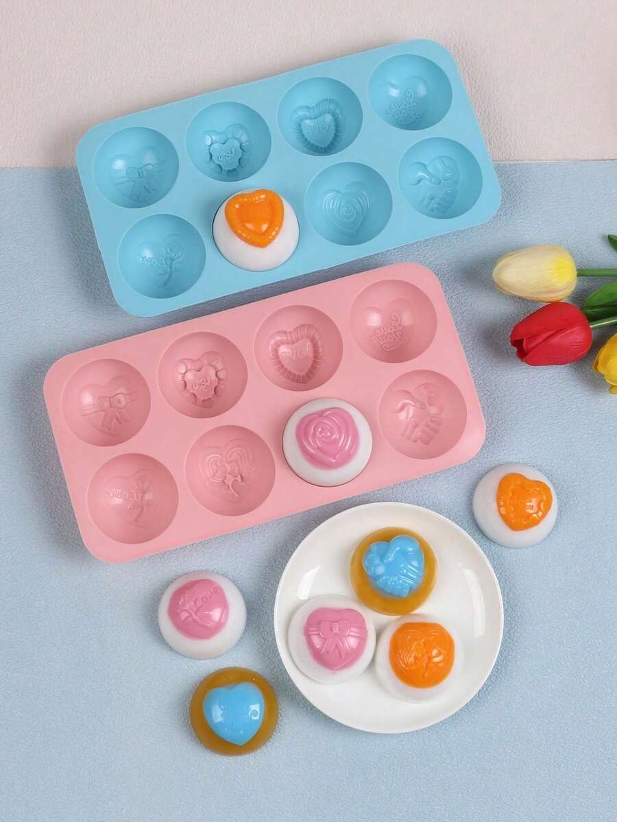 1pc 8-Piece Silicone Mold Set With Different Shapes, Including Heart, Rose, And Bow Shapes, Suitable For Homemade Chocolate, Candy, And Cake Molds