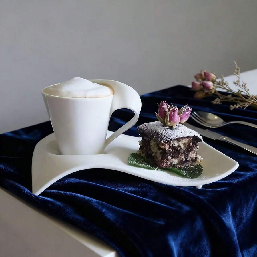 1 Set Asymmetrical Wavy Ceramic Cup & Saucer, Ceramic Tableware, Beautiful Coffee Cup, Unique Personalized Free Style Coffee Cup & Saucer Set, American Afternoon Tea Dessert Cup & Saucer Set, Minimalist High-Quality Practical Gift, Suitable For Restaurant, Living Room, Gift-Giving, Cafe - White - View 1