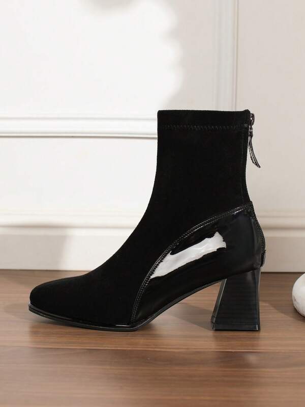 Women's Square Toe Chunky Heel Mid-Calf Boots, Elastic Tight-Fitting Solid Color Boots For Party, Office, Autumn/Winter