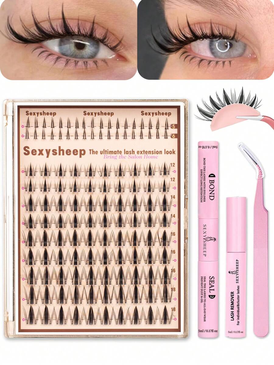 126pcs Cartoon Style False Eyelash Extension Kit, D-Curl Delicate Natural Look Waterproof Eyelash Extension Set For Home Use - Black - View 1