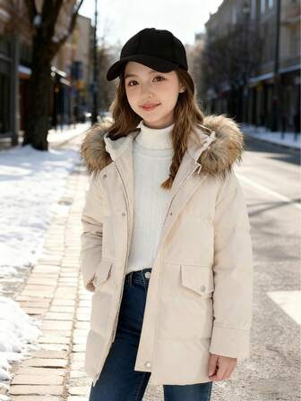 Tween Girls Casual Cute Thermal Lined Hooded Long Sleeve Jacket With Pockets, Suitable For Autumn/Winter