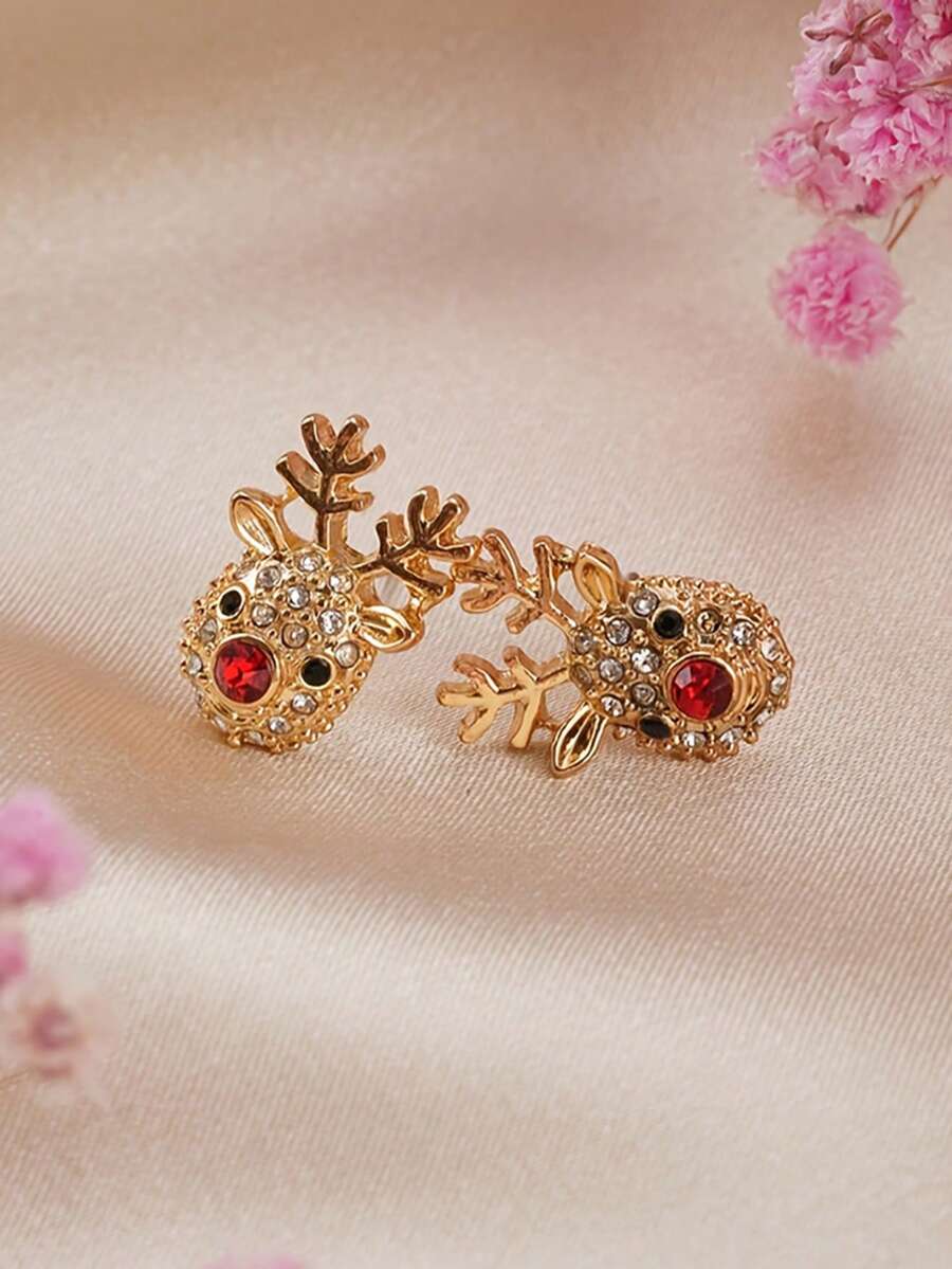 一对优雅水钻鹿头耳环,镀金夸张饰品,适合女性,圣诞节、新年、休闲装扮 - 精致的鹿角耳环,适合派对和正式场合,闪亮的水钻鹿头设计,配以红色珠子鼻子,适合所有季节和休闲外出,节日和休闲装扮皆宜,是圣诞节和聚会的完美之选。 - 金色 - 查看 1