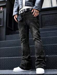 修身弹力牛仔裤，做旧水洗棉质牛仔裤，百搭时尚；斜插口袋水洗牛仔裤，轻便商务休闲款，百搭；直筒休闲牛仔裤，纽扣拉链设计，适合所有季节 - 黑色 - 查看 3