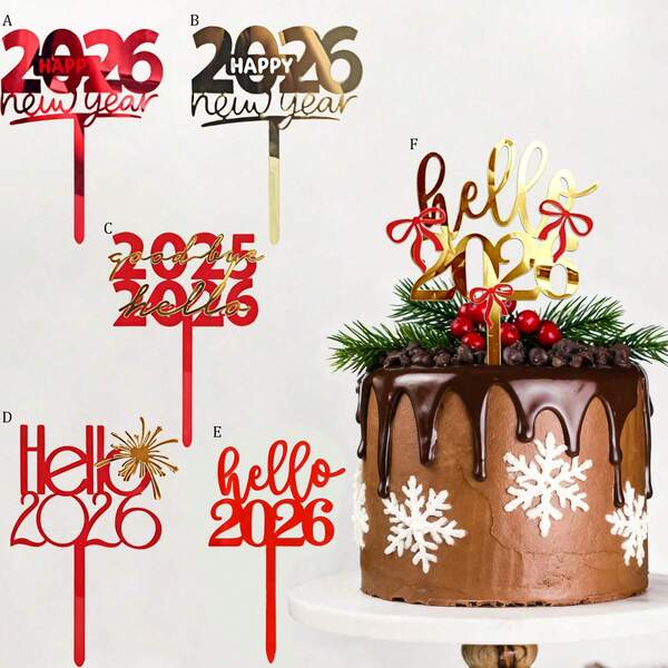 1件/3件/6件 金色與紅色「Hello 2026」壓克力蛋糕裝飾插牌，適用於新年快樂、聖誕派對蛋糕裝飾