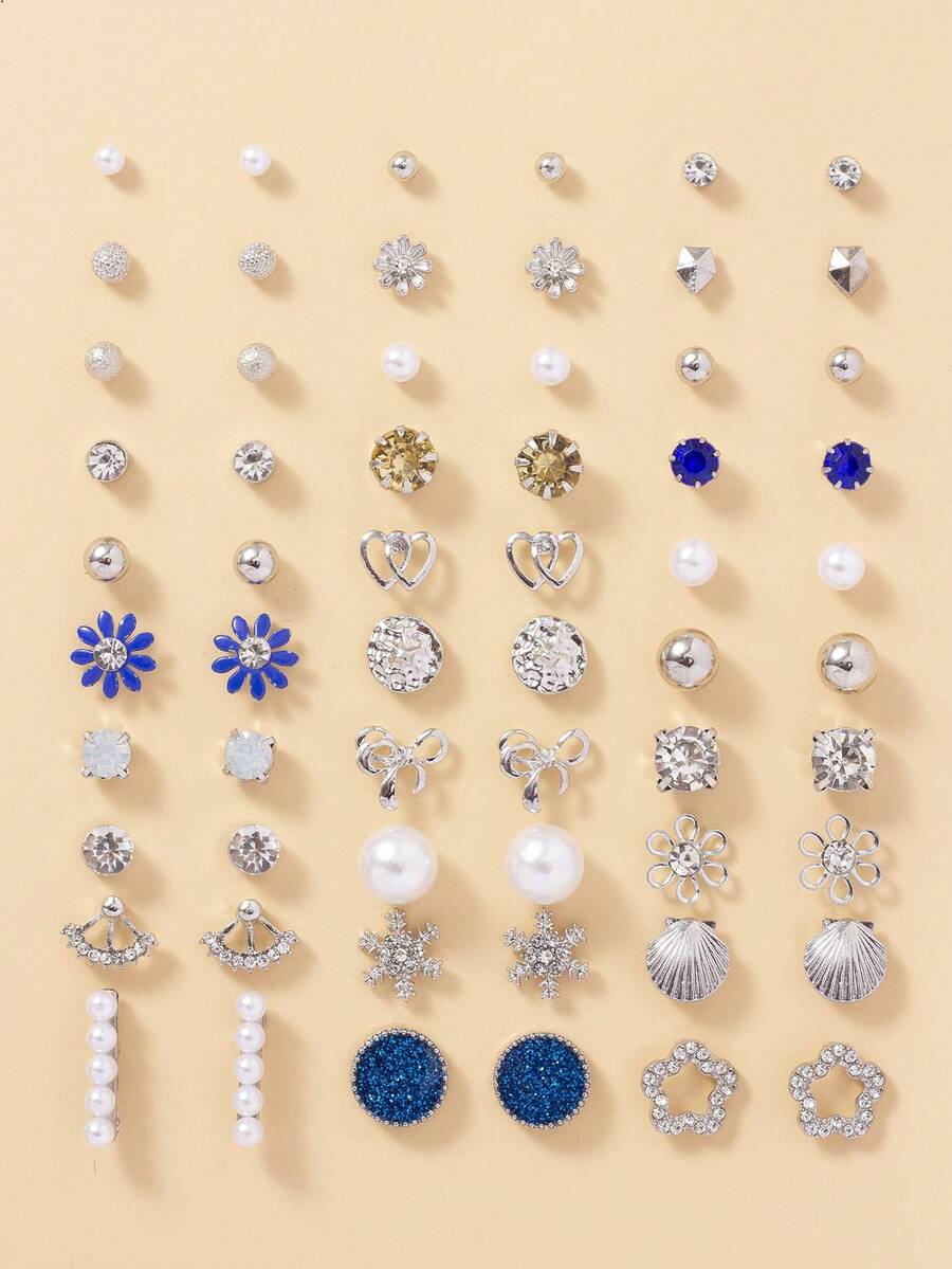 30对/套 雪花、星星、花朵、水钻、蝴蝶结、贝壳耳钉，金属仿珍珠，简约可爱设计，适合日常休闲佩戴，珠宝礼盒套装
