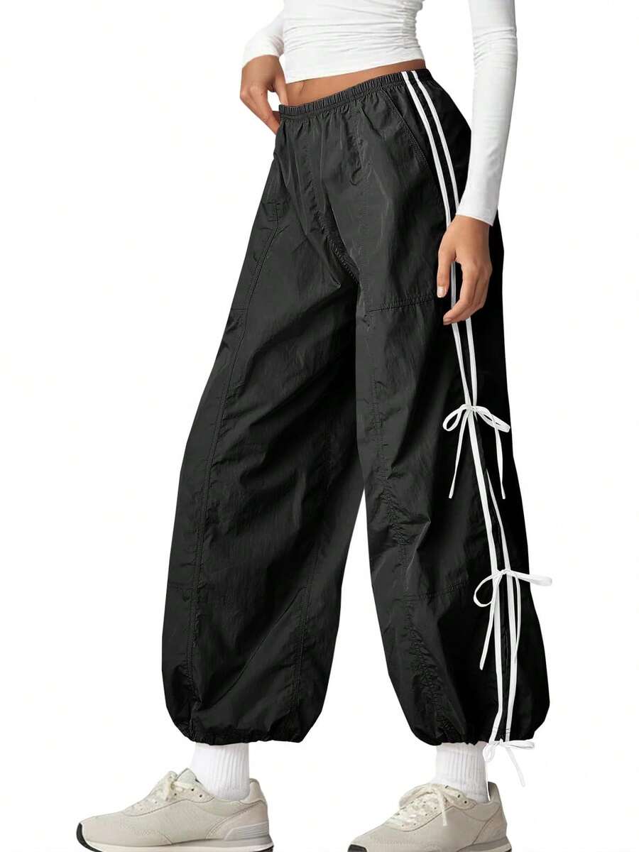Fisoew Womens Wide Leg Track Pants Casual Elastic Waist Bow Tie Y2K Baggy Sweatpants With Pockets - 黑色 - 查看 1