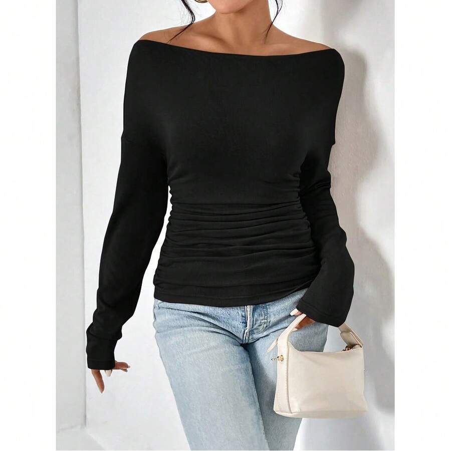 Women's Plain Minimalist Basic Ruched Asymmetrical Neck Drop Shoulder Tee, Elegance Mufti Clothes, Fall Long Sleeve T-Shirt For Everyday, Back To School T Shirts, Lady Clothes For Streetwear, Womenswear, Casual Wear - 酒紅色 - 查看 1